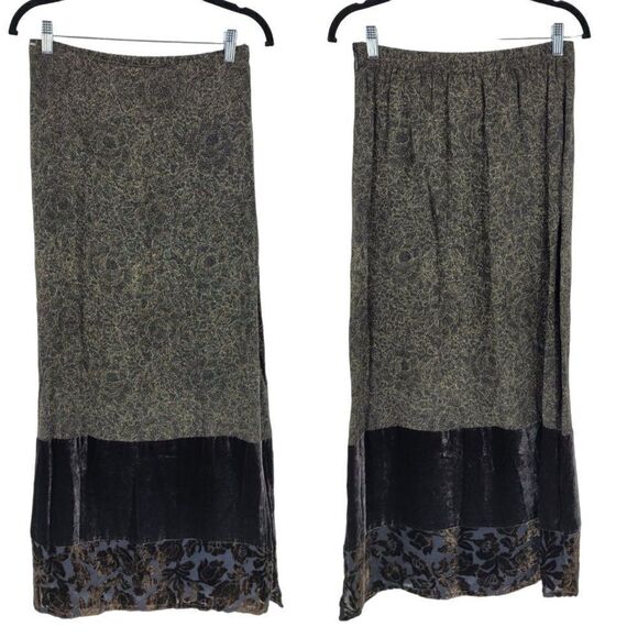 Vintage Citron Maxi Skirt M Black Green Floral Burnout Silk Velour Hem Side Slit - Picture 1 of 11